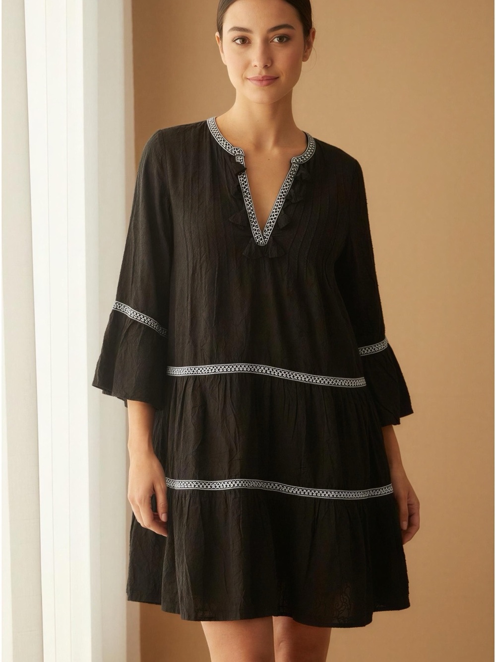 Tommy Bahama Black Tiered Tunic Dress with White Trim